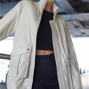 Minimal Cream Utility Jacket with High Collar
